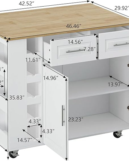 Multi-Functional Kitchen Island Mobile Cart with 2 Door Cabinet,Two Drawers,Spice-Rack,Towel Holder,Wine-Rack,Foldable Rubberwood Table Top,for Dining Room Bar,White - LeafyLoom