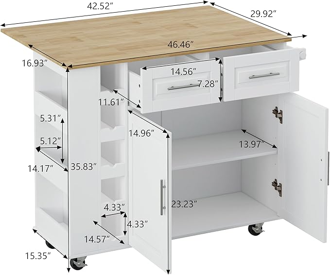 Multi-Functional Kitchen Island Mobile Cart with 2 Door Cabinet,Two Drawers,Spice-Rack,Towel Holder,Wine-Rack,Foldable Rubberwood Table Top,for Dining Room Bar,White - LeafyLoom