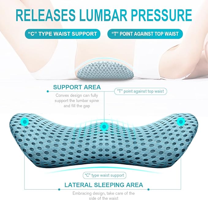 Lumbar Support Pillow - Memory Foam for Low Back Pain Relief, Ergonomic Streamline Car Seat, Office Chair, Recliner and Bed (blue) - LeafyLoom