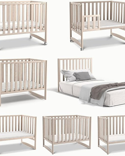 EvoNook 7-in-1 Convertible Mini Crib - Washed White, Portable Folding Baby Mini Crib with 1.5 Inch Mattress, 100% New Zealand Pinewood, 4 Adjustable Mattress Heights - LeafyLoom