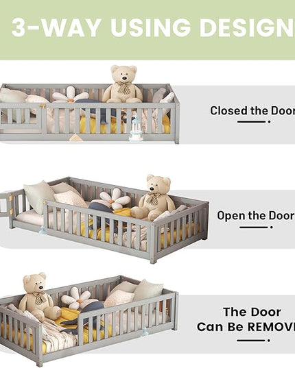 Multifunctional Twin Size Floor Bed with Safety Guardrails and Door, Removable Wood Slats, Montessori Beds Frame for Toddlers, for Boys and Girls, Gray - LeafyLoom