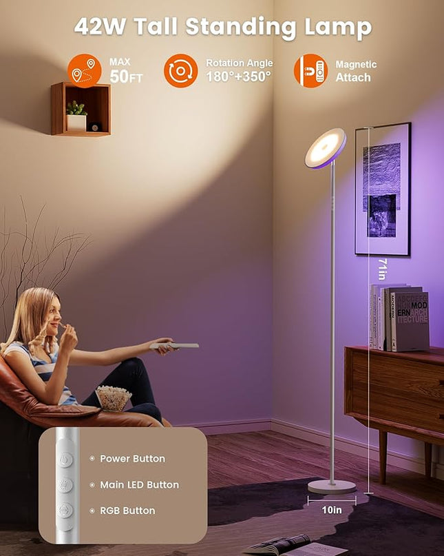 Floor Lamp, 42W 3700LM Modern Torchiere Sky LED Lamps, Super Bright Tall Standing Pole Light with Remote, 5 Color Temperatures,Memory Function & Touch Control for Living Room, Bedroom, Office(White) - LeafyLoom