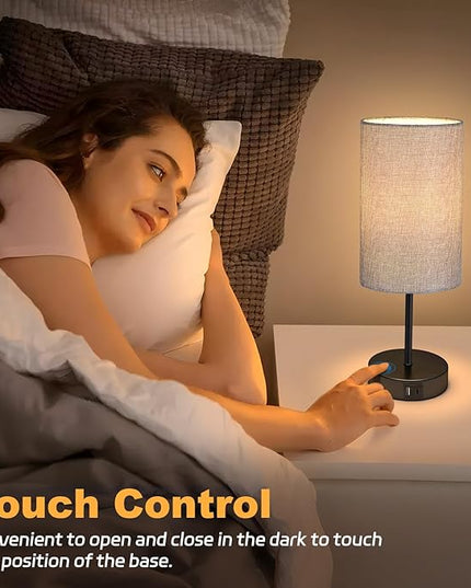 AKASUKI Table Lamp for Bedroom, 3 Way Dimmable Touch Lamp with Dual Charging Station, Small Bedside Lamps for Night Stands, Living Room, Office(LED Bulb Included) - LeafyLoom