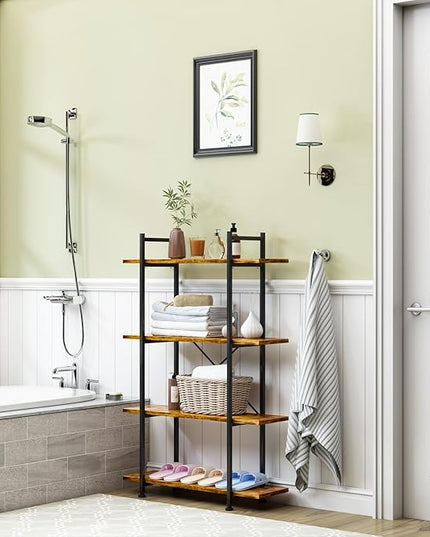4 Tiers Bookshelf Rustic Brown Wooden Storage Shelf, Industrial shelf Book Organizer,Modern Open Display Storage Bookcase,Metal Bookshelf Standing Tall Shelving Units for Home Office Study. - LeafyLoom