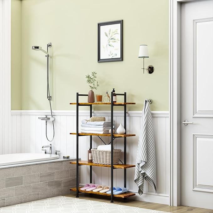 4 Tiers Bookshelf Rustic Brown Wooden Storage Shelf, Industrial shelf Book Organizer,Modern Open Display Storage Bookcase,Metal Bookshelf Standing Tall Shelving Units for Home Office Study. - LeafyLoom
