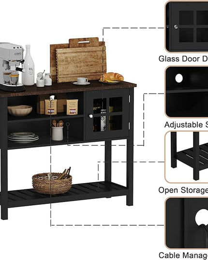 ChooChoo Farmhouse Coffee Bar Cabinet, Buffet Cabinet with Storage, Sideboard Buffet Cabinet with Glass Door, Console Table for Kitchen, Hallway, Entrance, Black - LeafyLoom