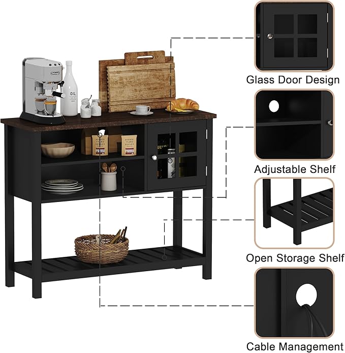 ChooChoo Farmhouse Coffee Bar Cabinet, Buffet Cabinet with Storage, Sideboard Buffet Cabinet with Glass Door, Console Table for Kitchen, Hallway, Entrance, Black - LeafyLoom
