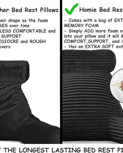 Homie Reading Pillow with Reading Light and Wrist Support, Has Arm Rests, and Back Support for Bed Rest, Lounging, Reading, Working on Laptop, Watching TV (Large, Black) - LeafyLoom