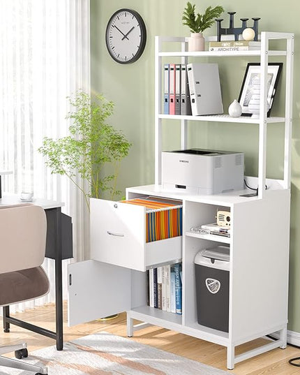 Homieasy Vertical Filing Cabinet with Lock & Charging Station, Large Drawer Wood File Cabinet with Bookshelf, Printer Stand with Open Storage Shelf, fits Letter Size for Home Office, White - LeafyLoom