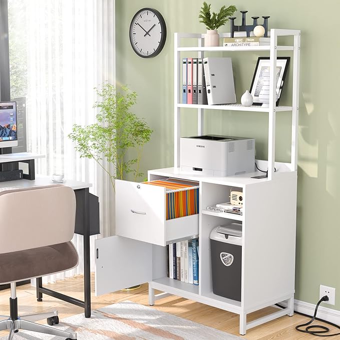 Homieasy Vertical Filing Cabinet with Lock & Charging Station, Large Drawer Wood File Cabinet with Bookshelf, Printer Stand with Open Storage Shelf, fits Letter Size for Home Office, White - LeafyLoom