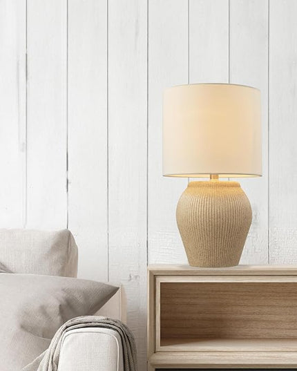 Globe Electric 61000049 18" Ceramic Table Lamp, Soft Beige Finish, White Linen Shade, On/Off Rotary Switch on Socket, Table Lamp for Living Room, Home Décor, Lamps for Bedroom, Room Décor - LeafyLoom