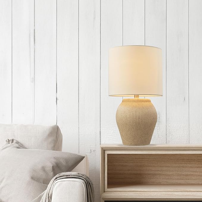 Globe Electric 61000049 18" Ceramic Table Lamp, Soft Beige Finish, White Linen Shade, On/Off Rotary Switch on Socket, Table Lamp for Living Room, Home Décor, Lamps for Bedroom, Room Décor - LeafyLoom