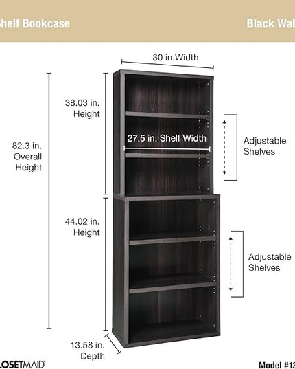 ClosetMaid Bookshelf Tiers, Adjustable Shelves, Tall Bookcase Sturdy Wood with Closed Back Panel, Black Walnut Finish, 6-Shelf Hutch - LeafyLoom