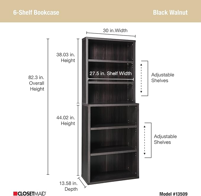 ClosetMaid Bookshelf Tiers, Adjustable Shelves, Tall Bookcase Sturdy Wood with Closed Back Panel, Black Walnut Finish, 6-Shelf Hutch - LeafyLoom