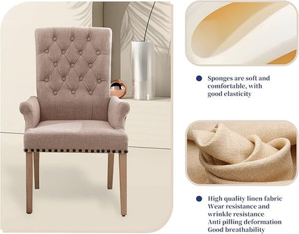 Dining Room Chairs with Arms,Tufted Upholstered High Back Nailed Trim with Untique Oak Wood Legs for Kitchen Restaurant Room Bedroom Ivory Brown - LeafyLoom
