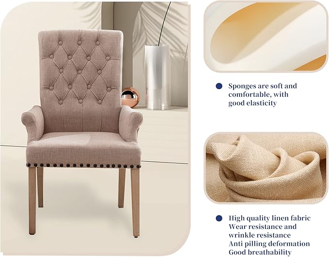 Dining Room Chairs with Arms,Tufted Upholstered High Back Nailed Trim with Untique Oak Wood Legs for Kitchen Restaurant Room Bedroom Ivory Brown - LeafyLoom