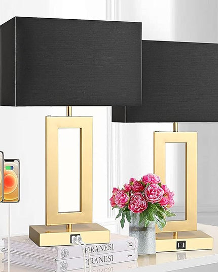 22'' Black&Gold Lamps for Bedrooms Set of 2, Touch Control Table Lamps with USB Ports, 3-Way Dimmable Bedside Nightstand Lamps, Modern Table Lamps for Living Room End Table, LED Bulbs Included - LeafyLoom