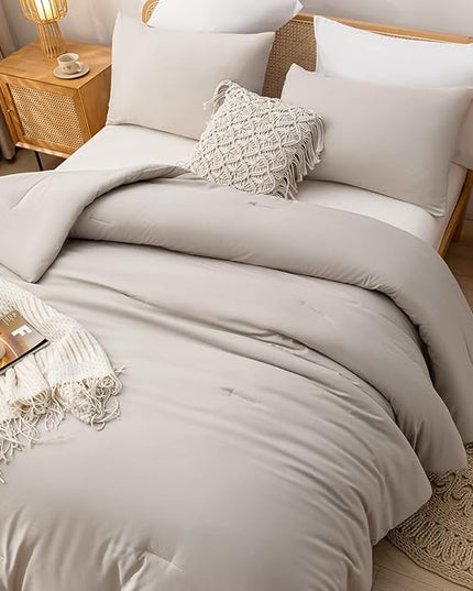 3PCS Boho Full Size Comforter Set Tannish Grey Farmhouse Bed Comforter for Teen Women and Men Reversible Warm Washable Microfiber Comforter for All Season - LeafyLoom