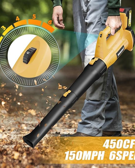 Cordless Leaf Blower, 450CFM 150MPH 21V Electric Leaf Blower with 2 x 4.0Ah Battery and Charger, 6 Speed Portable Lightweight Small Blower for Lawn Care Sweeping Snow, Yard, Garden, Patio - LeafyLoom