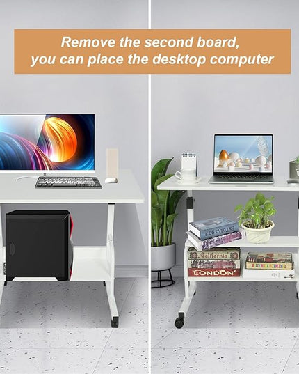 Small Desks Portable Laptop Computer Desk for Small Spaces Adjustable Desk Standing Desk for Bedrooms Couch Desk for Home Office Table Mobile Rolling Desk on Wheels White Desk with Storage - LeafyLoom
