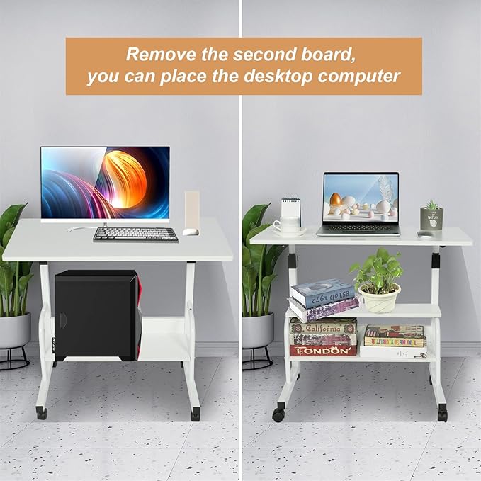 Small Desks Portable Laptop Computer Desk for Small Spaces Adjustable Desk Standing Desk for Bedrooms Couch Desk for Home Office Table Mobile Rolling Desk on Wheels White Desk with Storage - LeafyLoom