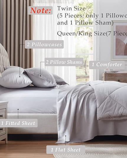 NexHome Queen Comforter Set, 7-Pieces Light Grey Bed in a Bag Queen Size Reversible Comforter All Season Soft Bedding Sets with Comforter, Flat Sheet, Fitted Sheet, Pillowcases & Shams - LeafyLoom