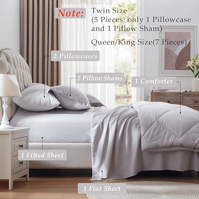 NexHome Queen Comforter Set, 7-Pieces Light Grey Bed in a Bag Queen Size Reversible Comforter All Season Soft Bedding Sets with Comforter, Flat Sheet, Fitted Sheet, Pillowcases & Shams - LeafyLoom