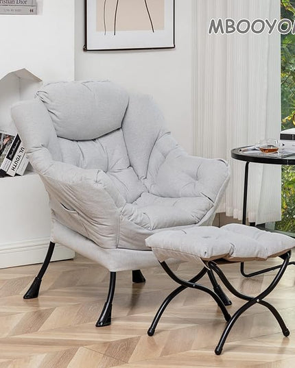 Lazy Chair with Ottoman, Modern Soft Reading Chair Accent Contemporary Lounge Leisure Sofa Chair with Armrests and a Side Pocket for Living Room, Bedroom, Dorm & Office, Light Grey - LeafyLoom