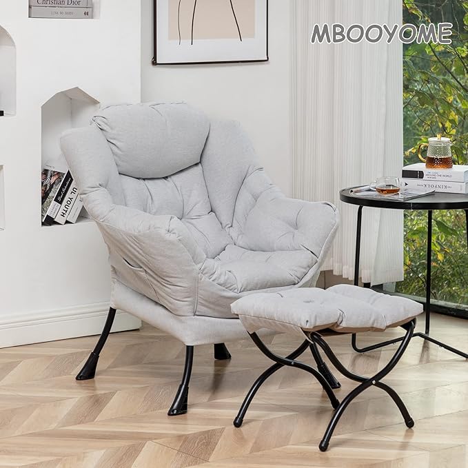 Lazy Chair with Ottoman, Modern Soft Reading Chair Accent Contemporary Lounge Leisure Sofa Chair with Armrests and a Side Pocket for Living Room, Bedroom, Dorm & Office, Light Grey - LeafyLoom
