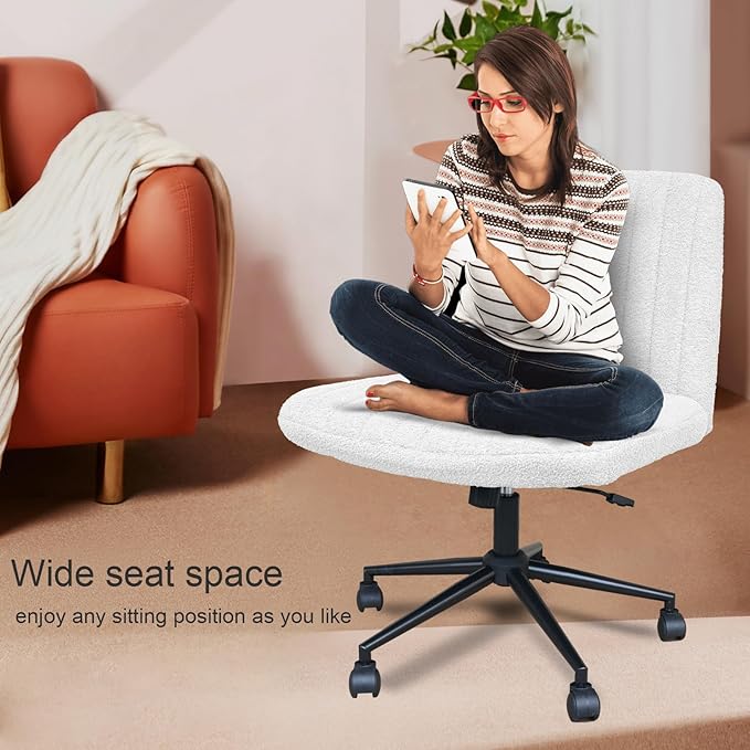 Armless Office Desk Chair with Wheels, Modern Swivel Computer Task Chair Comfortable Adjustable Wide Seat Vanity Chair for Home, Bedroom, Make Up(White) - LeafyLoom