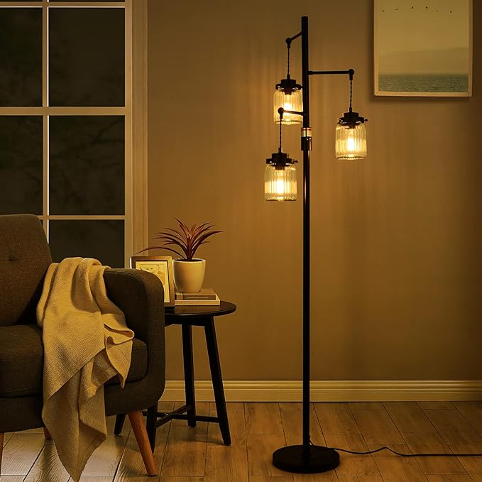 Industrial Farmhouse Rustic Lamp with 3 Glass Shades, Tall Standing Lamps with Dimmable Switch, Sturdy Base, Black Floor Lamps for Living Room Bedroom Office Home - LeafyLoom