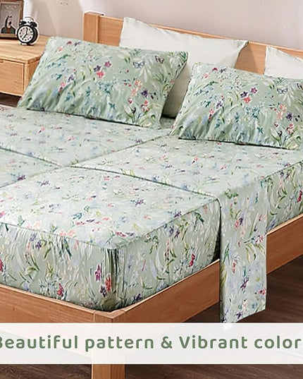 QSH 100% Cotton Sheets for Split King Size Bed, Pattern Botanical Luxury Cotton Printed Floral Bedding Sheets Soft and Breathable 5pcs Deep Pocket Queen Sheet Set - LeafyLoom