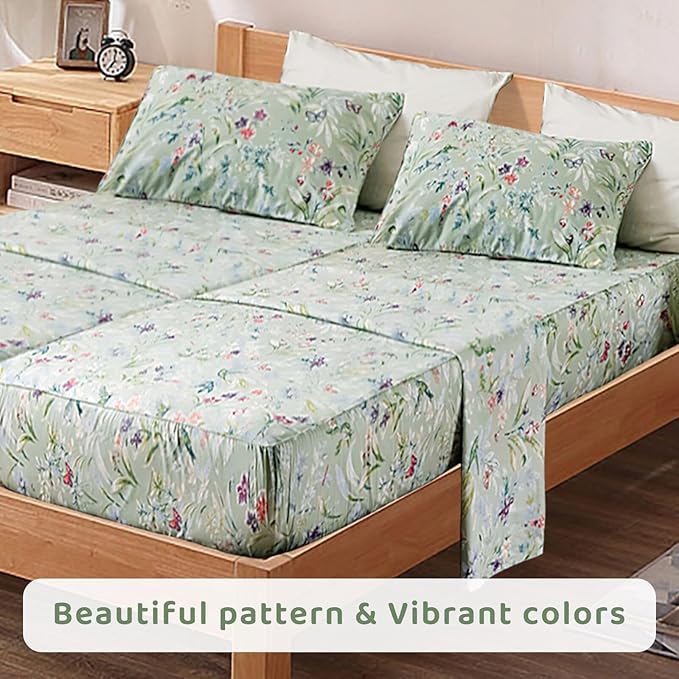 QSH 100% Cotton Sheets for Split King Size Bed, Pattern Botanical Luxury Cotton Printed Floral Bedding Sheets Soft and Breathable 5pcs Deep Pocket Queen Sheet Set - LeafyLoom