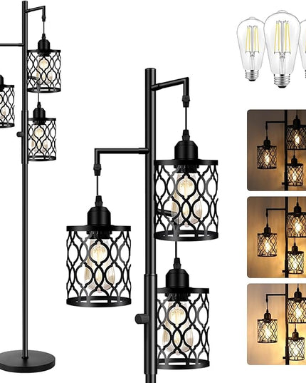 Dimmable Farmhouse Floor Lamp, Industrial Floor Lamp for Living Room with 3 X 6W LED Bulbs, 3 Light Rustic Standing Tall Lamp for Bedroom, Office, 68" - LeafyLoom