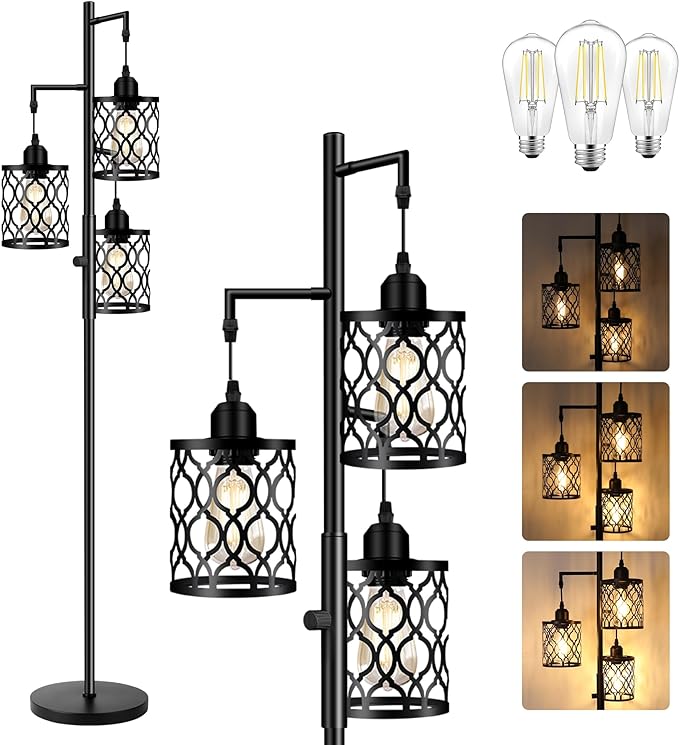 Dimmable Farmhouse Floor Lamp, Industrial Floor Lamp for Living Room with 3 X 6W LED Bulbs, 3 Light Rustic Standing Tall Lamp for Bedroom, Office, 68" - LeafyLoom