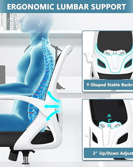Office Desk Chair with Lumbar Support Ergonomic Mesh Office Chair with Wheels and Flip-up Armrests Adjustable Height Swivel Computer Chair for Home and Office (White) - LeafyLoom