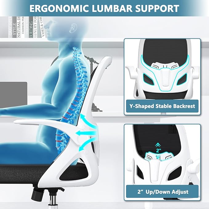 Office Desk Chair with Lumbar Support Ergonomic Mesh Office Chair with Wheels and Flip-up Armrests Adjustable Height Swivel Computer Chair for Home and Office (White) - LeafyLoom