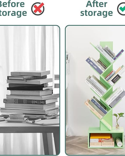 Yoobure Tree Bookshelf - 6 Shelf Retro Floor Standing Bookcase, Tall Wood Book Storage Rack for CDs/Movies/Books, Utility Book Organizer Shelves for Bedroom, Living Room, Home Office Green - LeafyLoom