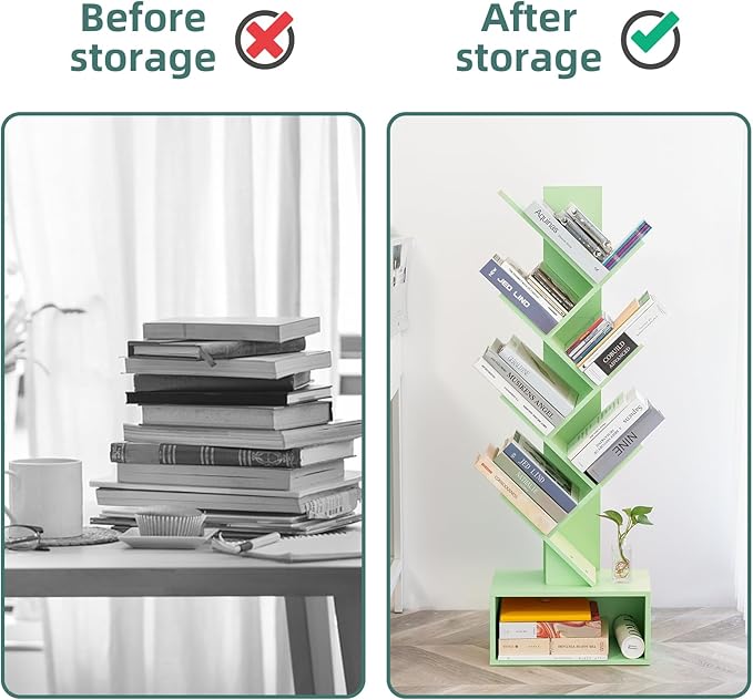Yoobure Tree Bookshelf - 6 Shelf Retro Floor Standing Bookcase, Tall Wood Book Storage Rack for CDs/Movies/Books, Utility Book Organizer Shelves for Bedroom, Living Room, Home Office Green - LeafyLoom