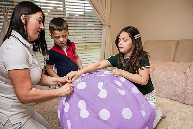 Wekapo Stuffed Animal Storage Bean Bag Chair Cover for Kids | Stuffable Zipper Beanbag for Organizing Children Plush Toys Large Premium Cotton Canvas (Purple Dot, XX-Large) - LeafyLoom
