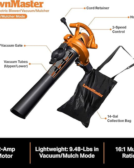 LawnMaster BV1210 Electric Blower Vacuum Mulcher 12 Amp 2-Speed Adjustment with Metal Impeller 240 MPH 380 CFM 16:1 Mulch Ratio - LeafyLoom