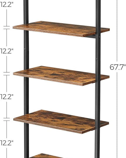 VASAGLE Industrial Ladder Shelf, 5-Tier Bookshelf, Wood Wall Mounted Shelf, Storage Rack Display Shelves for Living Room, Home Office, 23.6 x 11.8 x 67.7 Inches, Rustic Brown and Black ULLS102B01 - LeafyLoom