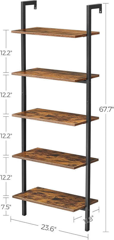 VASAGLE Industrial Ladder Shelf, 5-Tier Bookshelf, Wood Wall Mounted Shelf, Storage Rack Display Shelves for Living Room, Home Office, 23.6 x 11.8 x 67.7 Inches, Rustic Brown and Black ULLS102B01 - LeafyLoom