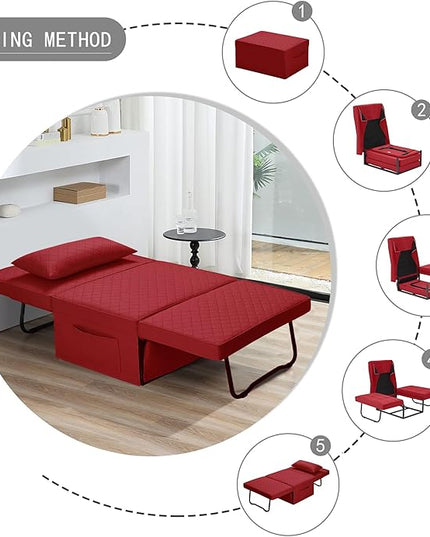 Sofa Bed, 4 in 1 Multi-Function Folding Ottoman Breathable Linen Couch Bed with Adjustable Backrest Modern Convertible Chair for Living Room Apartment Office,Squared-Linen Red - LeafyLoom