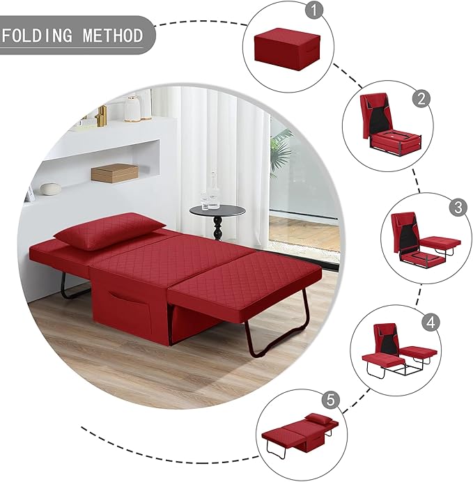 Sofa Bed, 4 in 1 Multi-Function Folding Ottoman Breathable Linen Couch Bed with Adjustable Backrest Modern Convertible Chair for Living Room Apartment Office,Squared-Linen Red - LeafyLoom
