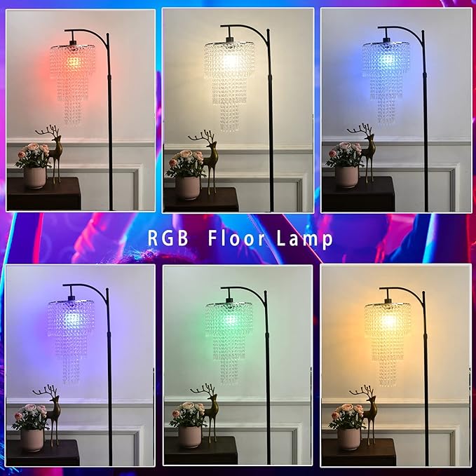 Arc Floor Lamps for Living Room Modern Crystal Floor Lamp with Remote Control,Dimmable LED Floor Lamp Crystal Lampshade Black Standing Lamp with 10 Color Temperature Tall Floor Lamp For Bedroom Corner - LeafyLoom