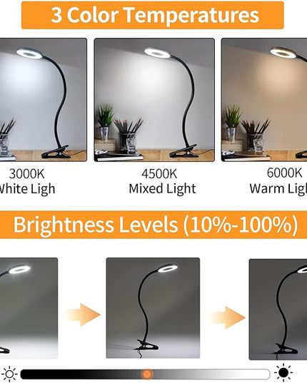 LQWELL® LED Desk Lamp Clip-on Ring Reading Light, 3 Color Temperatures, 10 Brightness Levels & Stepless Dimming, 360° Flexible Clamp Table Lights for Home Office (Neck Length 70CM) - LeafyLoom