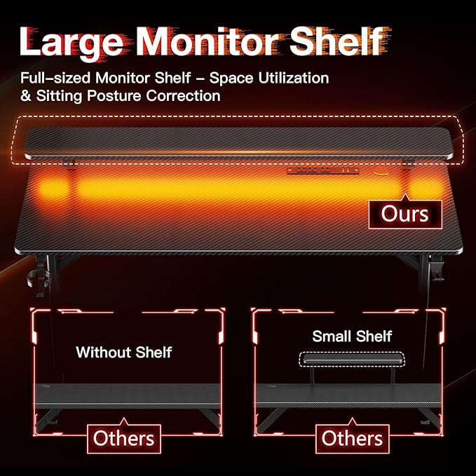 MOTPK Gaming Desk with LED Lights & Power Outlets, 47 Inch Computer Desk Gaming Table with Monitor Shelf, Gamer Desk with Carbon Fiber Texture, Kids Boys Desk Gift for Men - LeafyLoom