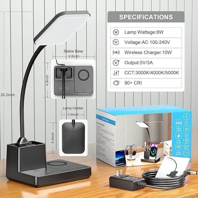 comzler LED Desk Lamp with Wireless Charger,Small Desk Lamps with Pen Phone Holder, Black Desk Lamp for for Home Office,8W 3 Modes Dimmable Touch Lamp, Desktop Study Lamps for College Dorm Room - LeafyLoom