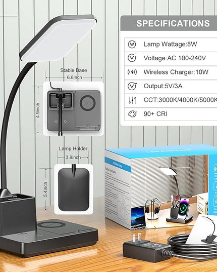 comzler LED Desk Lamp with Wireless Charger, Desk Lamps with Pen Phone Holder, Black Desk Lamp for Home Office,8W 3 Modes Dimmable Touch Lamp, Desktop Study Lamps for College Dorm Room - LeafyLoom